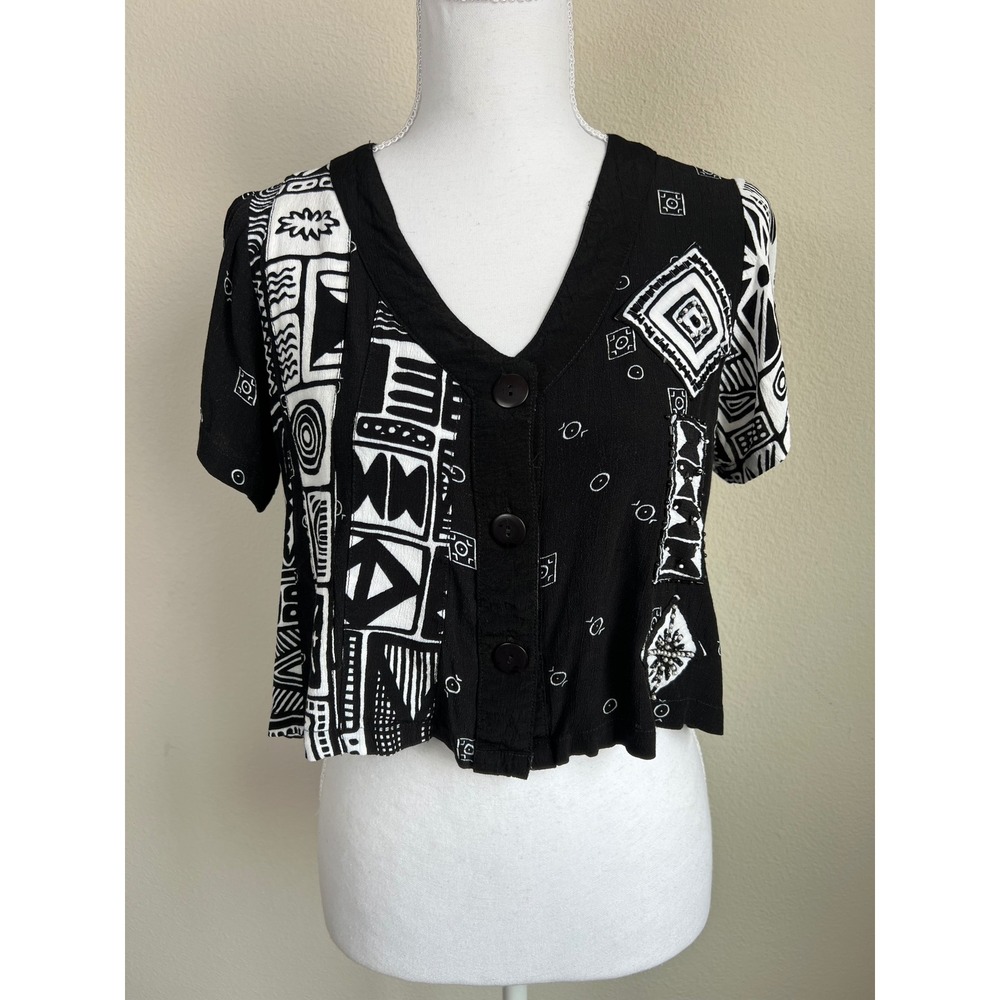 Key Lime Pie Black White Tribal Beaded Crop Top Rayon Art To Wear L Abstract